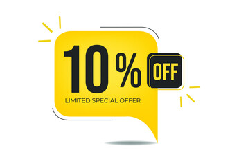 10% off limited special offer. Banner with ten percent discount on a yellow square balloon.