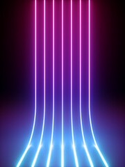 3d render, abstract vertical neon lines glowing in the dark. Laser rays virtual performance on the stage with floor reflection. Minimal geometric design.