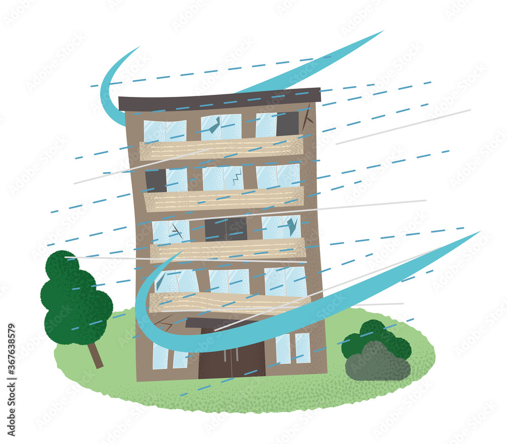 台風の被害に遭うマンションのベクターイラスト Cerada