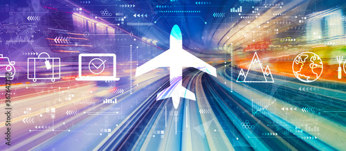 Fotomural Flight ticket booking concept with abstract high speed technology POV motion blu