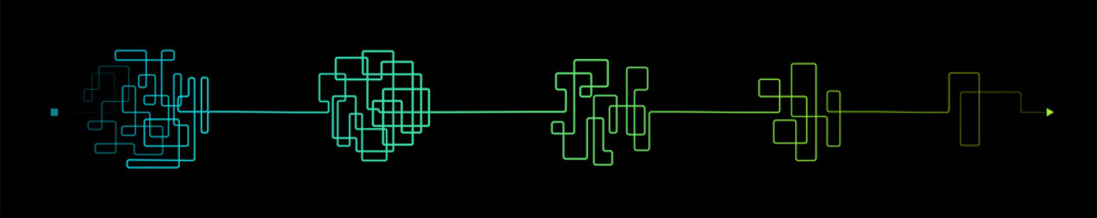 Line of messy clew symbols line of symbols with scribbled round element, consept of transition from complicated to simple, isolated on black background Vector illustration.