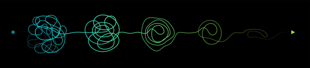 Line of messy clew symbols line of symbols with scribbled round element, consept of transition from the complicated to simple, isolated on black background Vector illustration.