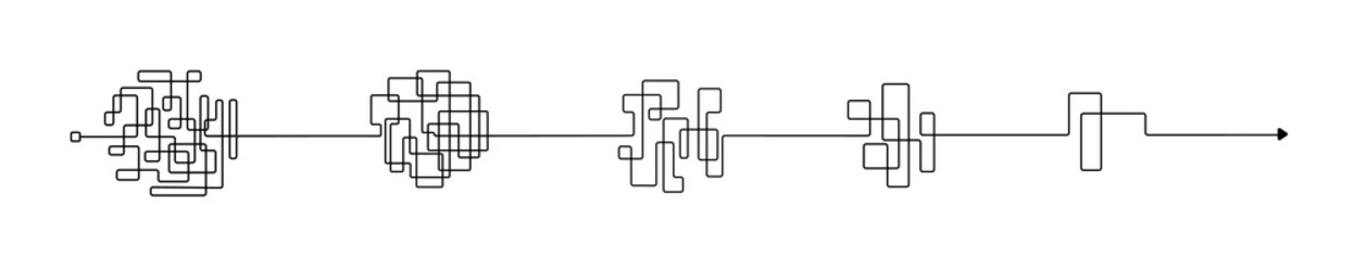 Set of messy clew symbols connected between them line of symbols with scribbled element, consept of transition from complicated to simple, isolated on white background Vector illustration.