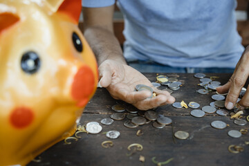 Wall Mural - Asian young man Count coins into the hand with a piggy bank, Money saving concept