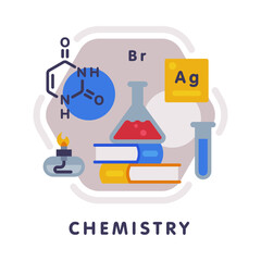 Sticker - Chemistry School Subject Icon, Education and Science Discipline with Related Elements Flat Style Vector Illustration