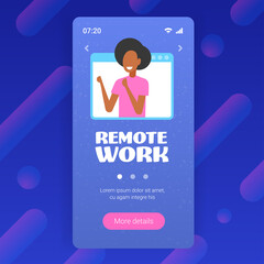Poster - businesswoman having online consultation during video call remote work quarantine isolation concept african american girl in web browser window smartphone screen portrait vector illustration