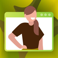Poster - happy businesswoman having online briefing or consultation during video call remote work quarantine isolation concept woman worker in web browser window portrait vector illustration
