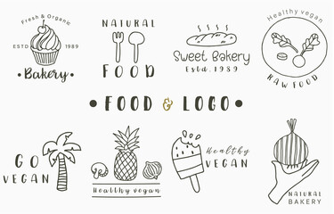Wall Mural - food logo collection with pineapple,bread,coconut tree,ice cream.Vector illustration for icon,logo,sticker,printable and tattoo