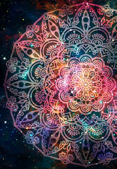Wall Mural - abstract ancient geometric mandala graphic design with star field and colorful watercolor digital ar