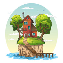 Red House On An Island. Hand Drawn Vector Illustration With Separate Layers.