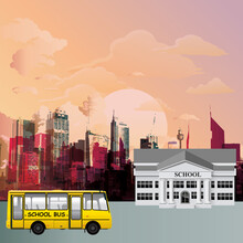 Inner City School Building And Bus Set Against A Dawn Or Dusk Sky