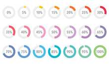 Set Of Colorful Infographic Percentage Piecharts / Segment Of Hole Circle Icons 0% - 100%, Simple Flat Design Loading Data Interface Elements App Button Ui Ux Web, Vector Isolated On White Background