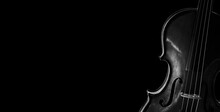 Fragment Of A Violin On A Black Background. Concert Poster For Classical Music. Music Concept. Black And White.