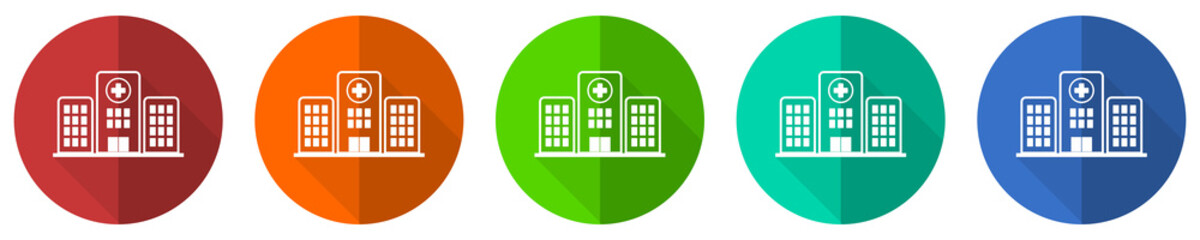 Leinwandbilder - Hospital building icon set, red, blue, green and orange flat design web buttons isolated on white background, vector illustration