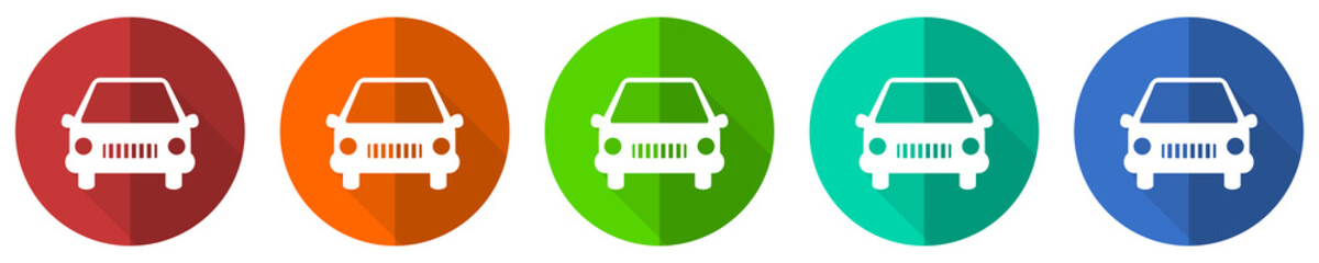 Poster - Car icon set, red, blue, green and orange flat design web buttons isolated on white background, vector illustration