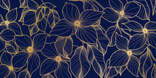 Glden Flower And Blue Wallpaper. Elegant Decorative Floral Pattern For Printing, Sales, Design Of Postcards, Packaging, Covers, Cases And Prints. Vector Illustration.