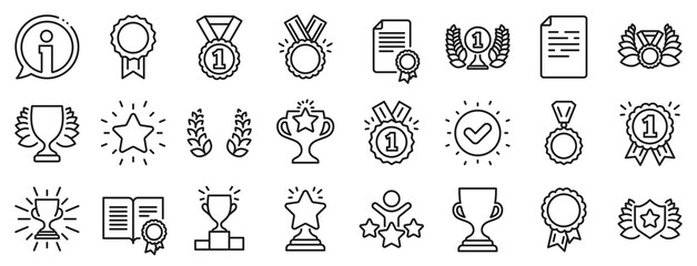 set of winner medal, victory cup and laurel wreath award icons. award line icons. reward, certificat