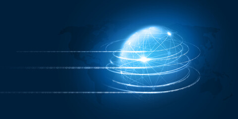 Poster - Abstract Blue Minimal Style Cloud Computing, Networks, Telecommunications Concept Design with Polygonal Mesh, Glowing Lines of Binary Code Around a Transparent Globe - Vector Illustration