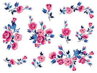Wall Mural - Rose flower pink blue embroidery patch, vintage roses vector illustration. Watercolor floral border for graphic design. Flowers isolated on white background
