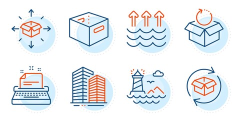 Poster - Lighthouse, Office box and Skyscraper buildings signs. Return parcel, Parcel delivery and Evaporation line icons set. Return package, Typewriter symbols. Exchange of goods, Logistics service. Vector