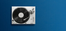 Top View Of A Classic Record Player Flat Lay, Simple Minimalism Concept Wit Copy Space