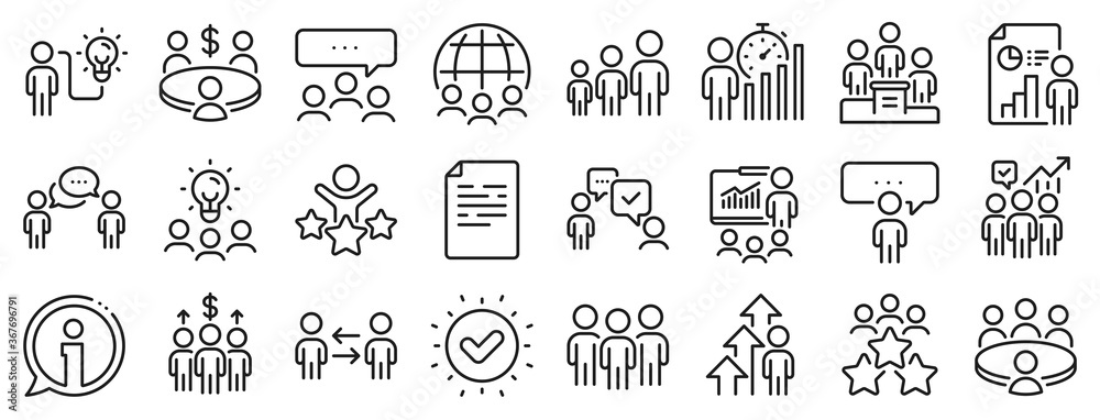 Conference, seminar, classroom. Meeting line icons. Team, work and business idea icons. Discussion, classroom job, people management. Presentation, office meeting, consultation. Vector - obrazy, fototapety, plakaty 