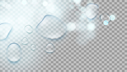 Wall Mural - Drops water rain on transparent background, realistic style, vector elements. Clean drop condensation. Vector pure bubbles on window glass