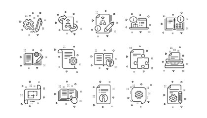 Poster - Instruction, Plan and Manual. Technical documentation line icons. Algorithm linear icon set. Geometric elements. Quality signs set. Vector