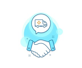 Aufkleber - Hospital transportation vehicle sign. Handshake deal complex icon. Ambulance emergency car line icon. Medical symbol. Agreement shaking hands banner. Ambulance emergency sign. Vector