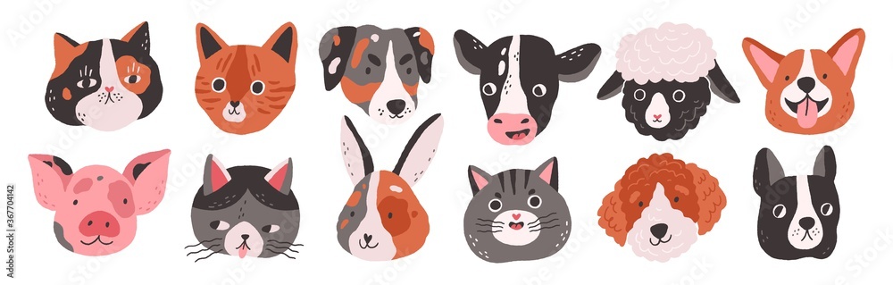 Set of happy funny domestic animals or farm pet. Different faces, muzzles, heads or avatars. Cats, dogs, sheep, cow, pig, rabbit or hare. Flat vector cartoon illustration isolated on white background - obrazy, fototapety, plakaty 