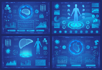 Medical futuristic vr hologram vector illustrations. Cartoon flat blue design template interface set for medicine of future ui screen with digital human organs, heart brain liver dashboard collection