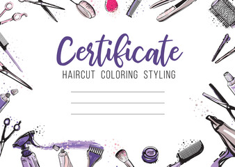 Wall Mural - Hair cut, hairdressing business card, certificate or gift voucher, flyer. Beautiful illustration in watercolor style on white background
