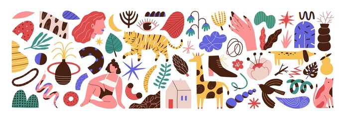 Poster - Bundle of abstract trendy doodle art. Set of hand drawn cat, dog, eye, woman, plant, curve, shape, object, blob. Design element. Flat vector cartoon illustration isolated on white background