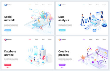 Aufkleber - Isometric data analysis of social media network technology vector illustrations. Creative 3d modern concept webpage banner set with cloud office database analyzing service, internet tech analytics