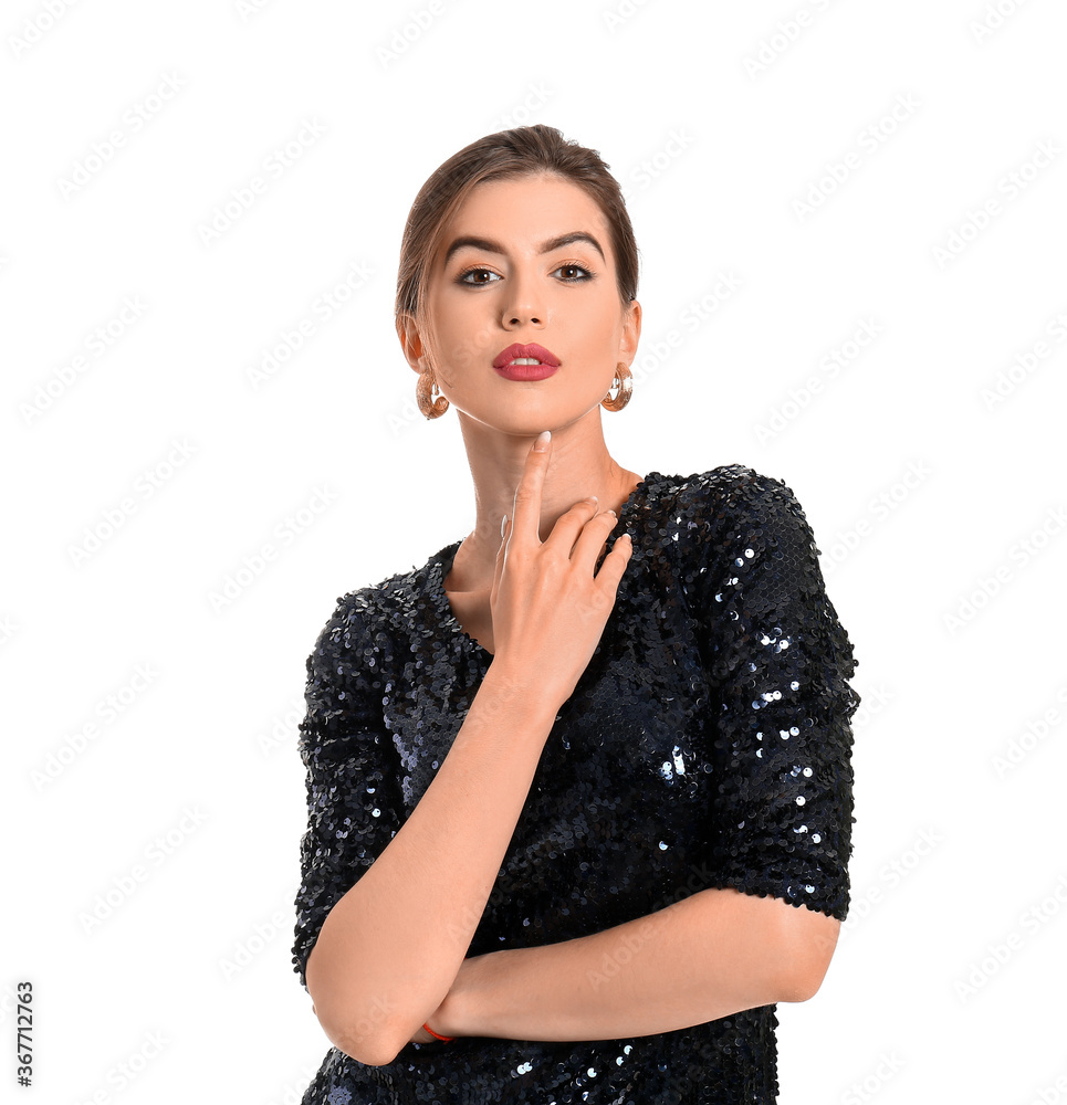 Stylish young woman on white background