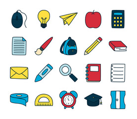 Sticker - school backpack and school supplies icon set, fill and line style