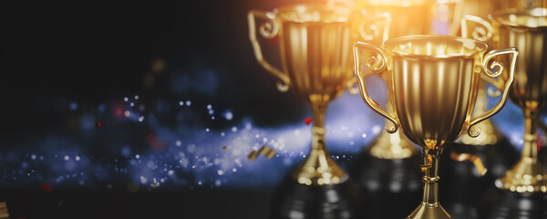 Wall Mural - close up golden trophy award with falling confetti. copy space for text. 3d rendering.