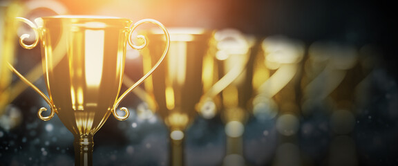 Wall Mural - close up golden trophy award with falling confetti. copy space for text. 3d rendering.