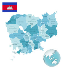 Cambodia administrative blue-green map with country flag and location on a globe.