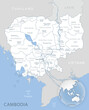 Blue-gray detailed map of Cambodia administrative divisions and location on the globe.