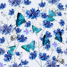 Fashion Vector Seamless Pattern With Blue Cornflowers And Butterflies For Fabric Design