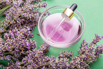 Lavender oil liquid with dropper pipette fresh lavender flowers on green color background. Natural body skin hair care bath products. Aromatherapy, spa treatment. Apothecary lavender herb.