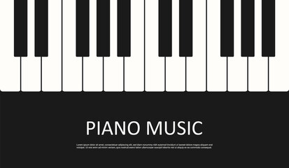 Vector banner piano music. Flat illustration on black background. Musical instrument keyboard