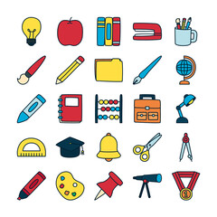 Sticker - paint palette and school supplies icon set, fill and line style