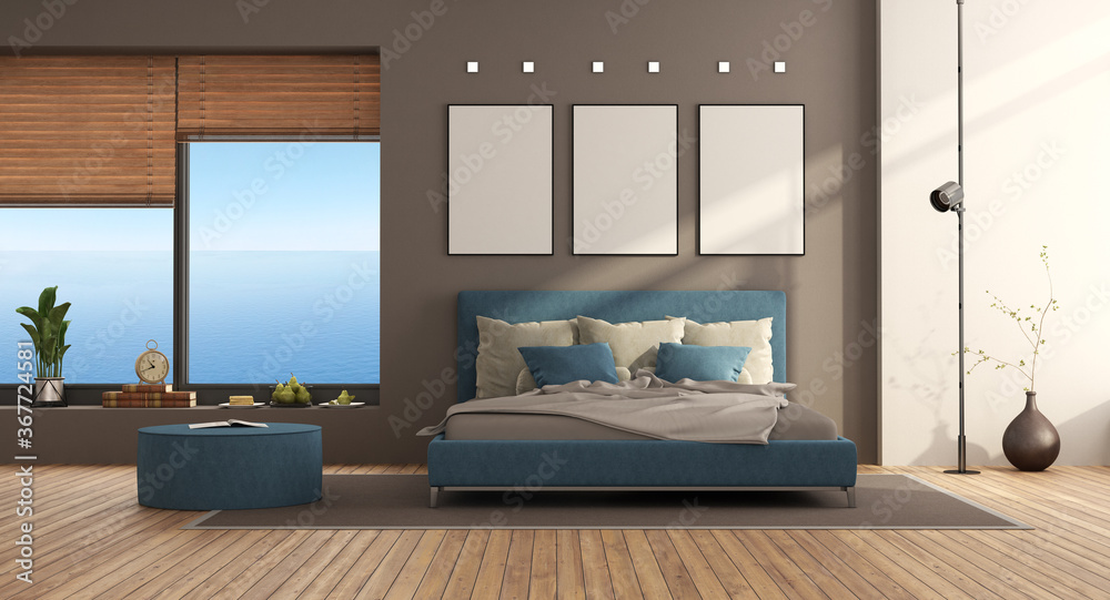 Blue and brown modern bedroom - obrazy, fototapety, plakaty 