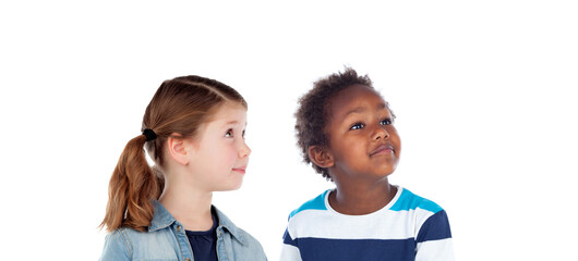 Wall Mural - Caucasian girl and afroamerican boy thinking