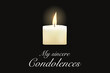 Funeral card candle, condolence obituary message, vector template. Death mourning memory card with white candle flame in black background, RIP memorial condolence sympathy