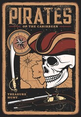 Pirates vintage poster with skull in hat and treasure map, Caribbean adventure, vector, Filibuster captain or corsair pirate skull in sailor or privateer captain hat, marine compass, pistol and sword