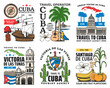 Cuba travel icons, Havana Caribbean tourism, beach resorts and landmark city tours, vector. Welcome to Cuba, map and flag, history and culture travel, sugar and fruits plantations sightseeing