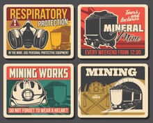 Ore And Coal Mining Poster, Mine Industry Factory And Miner Equipment, Vector. Mining Machinery And Tools At Coal And Metal Ore Deposit Quarry, Miner Wheelbarrow And Respiratory Protection Sign